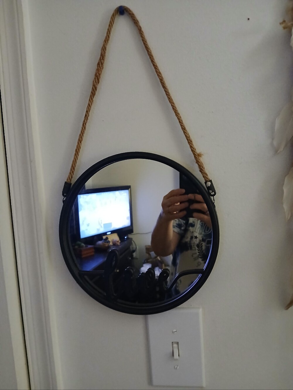 Black Round Hanging Wall Mirror with Rope - Unbranded